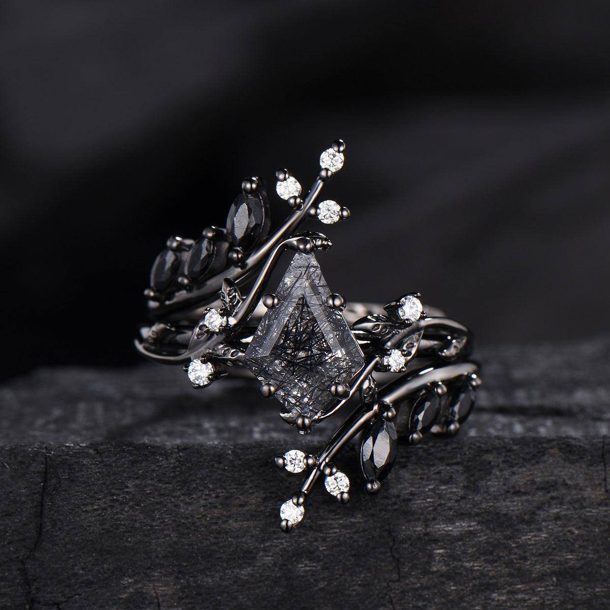 Unique gothic kite cut black rutilated quartz engagement ring set black gold cluster engagement ring leaf branch nature inspired wedding set
