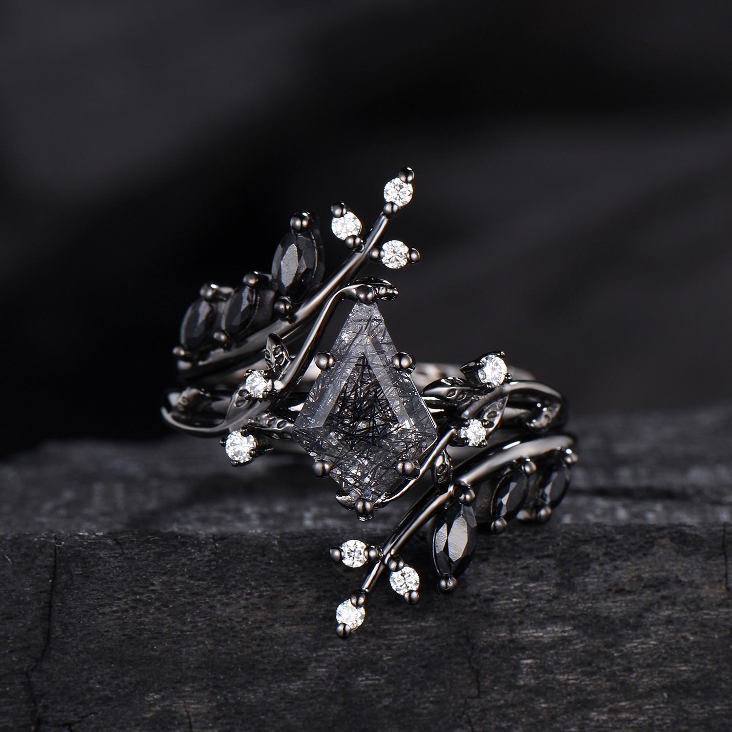 Unique gothic kite cut black rutilated quartz engagement ring set black gold cluster engagement ring leaf branch nature inspired wedding set