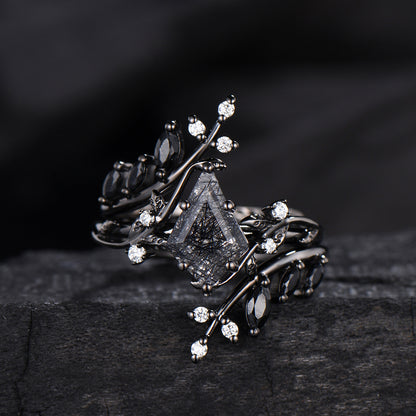 Unique gothic kite cut black rutilated quartz engagement ring set black gold cluster engagement ring leaf branch nature inspired wedding set