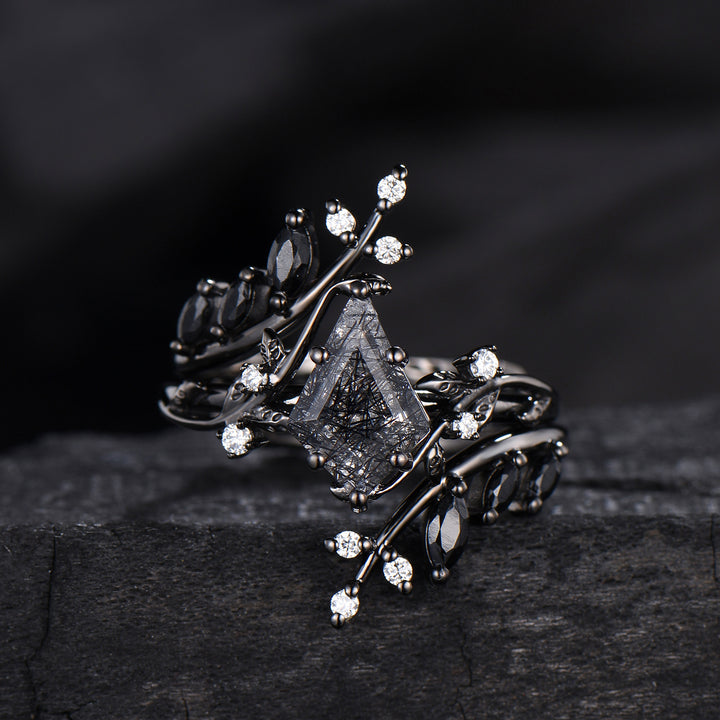 Unique gothic kite cut black rutilated quartz engagement ring set black gold cluster engagement ring leaf branch nature inspired wedding set