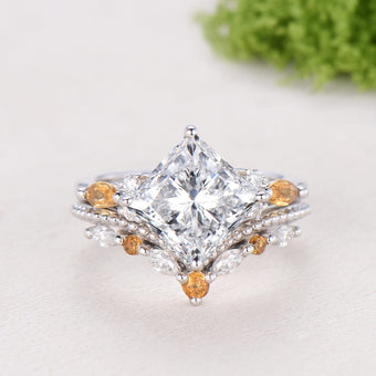 2CT Princess Cut Lab Grown Diamond Engagement Ring Set, Cluster Citrine Bridal Set