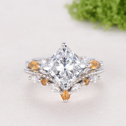 2CT Princess Cut Lab Grown Diamond Engagement Ring Set, Cluster Citrine Bridal Set