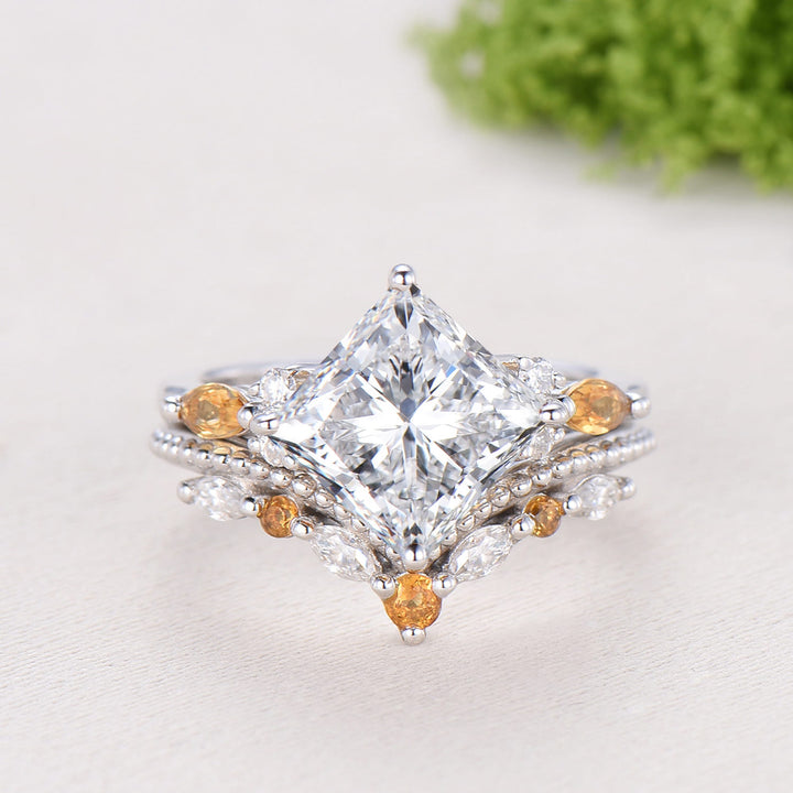 2CT Princess Cut Lab Grown Diamond Engagement Ring Set, Cluster Citrine Bridal Set