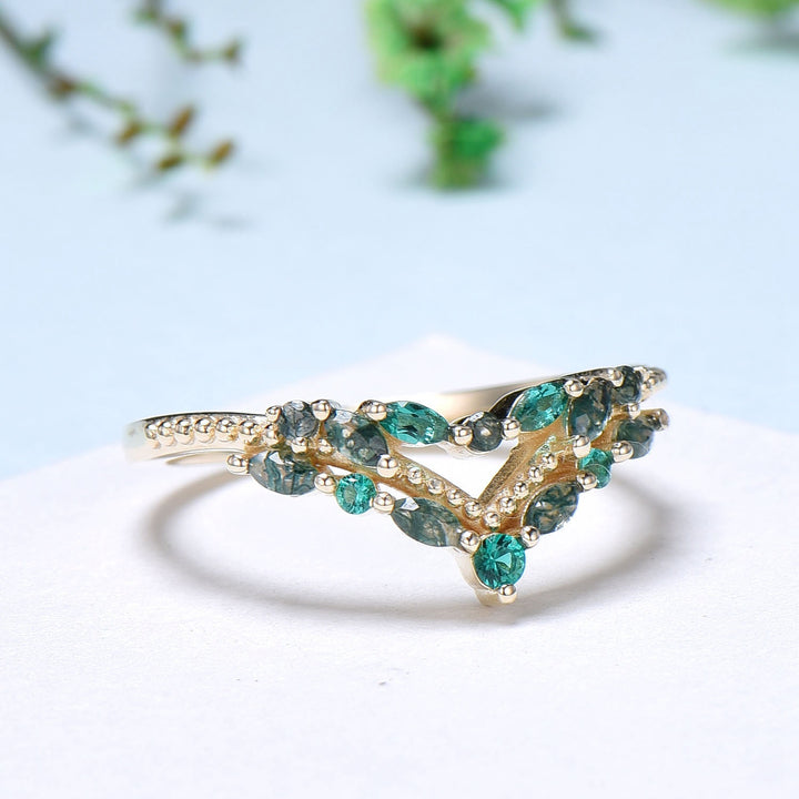 Unique moss agate Wedding Band Marquise cut emerald band rose gold wedding ring Art Deco Green Crystal Stacking matching band for women - PENFINE