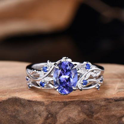 Natural Inspired Tanzanite Ring Set - Leaf Twig Sapphire Wedding Ring