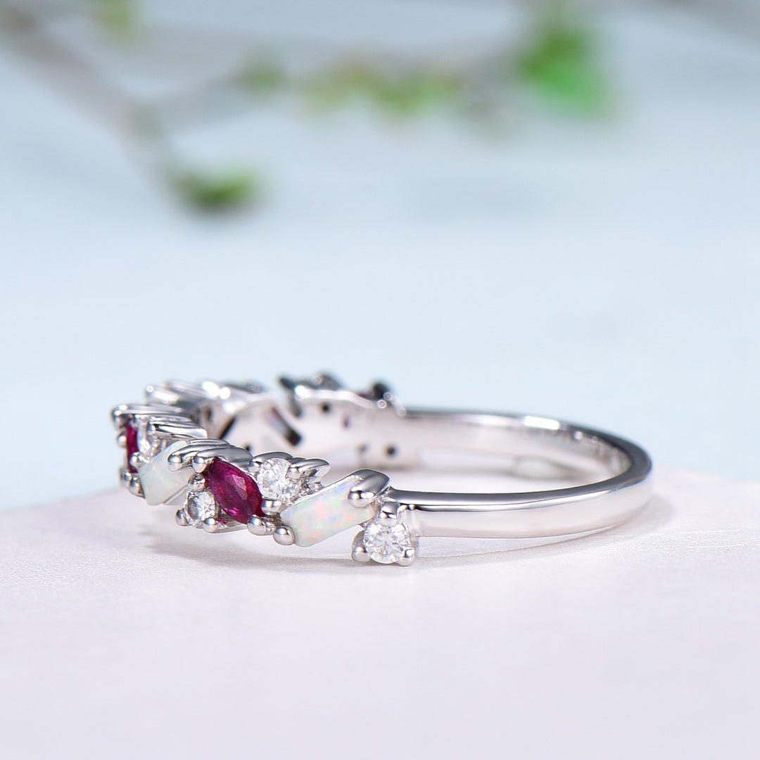 Vintage Fire Opal Ruby Eternity Wedding Band Women Unique Baguette White Opal Stackable Ring Marquise Ruby Matching Band Anniversary Gift - PENFINE