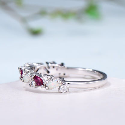 Vintage Fire Opal Ruby Eternity Wedding Band Women Unique Baguette White Opal Stackable Ring Marquise Ruby Matching Band Anniversary Gift - PENFINE