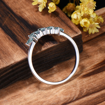 Vintage Moss Agate Wedding Band, Curved Stacking Ring, 14K Rose Gold, Pear Cut Moissanite
