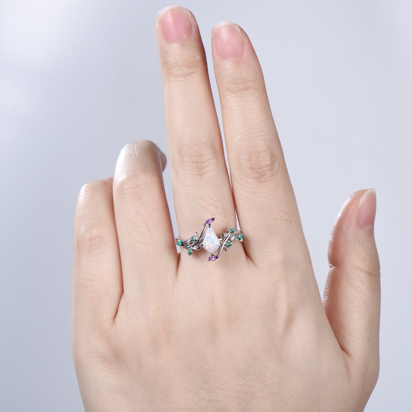 1CT Kite Cut White/Black/Blue Fire Opal Engagement Ring, Marquise Amethyst Emerald Leaf Vine Band