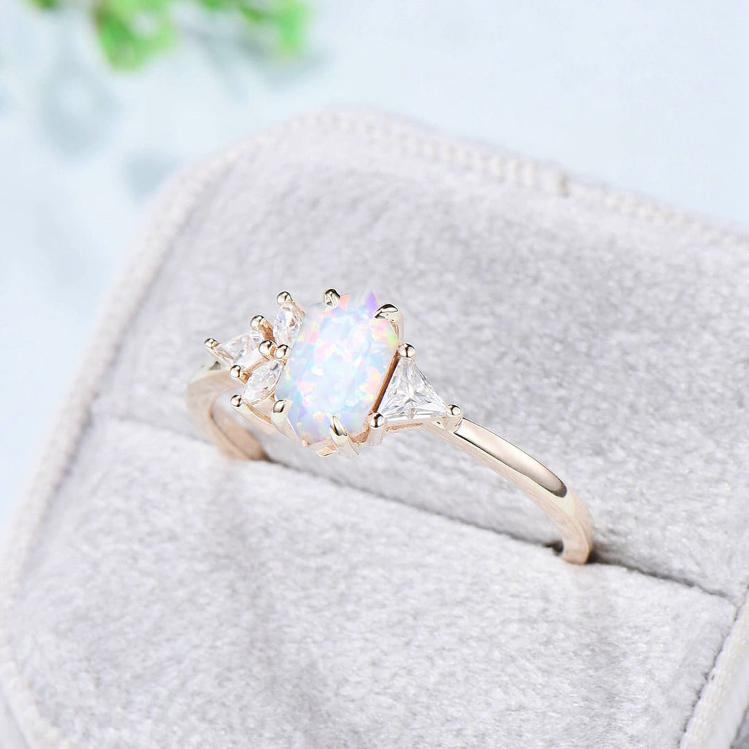 Unique File opal engagement ring long hexagon asymmetrical rose gold white opal wedding ring five moissanite handmade proposal gifts women - PENFINE