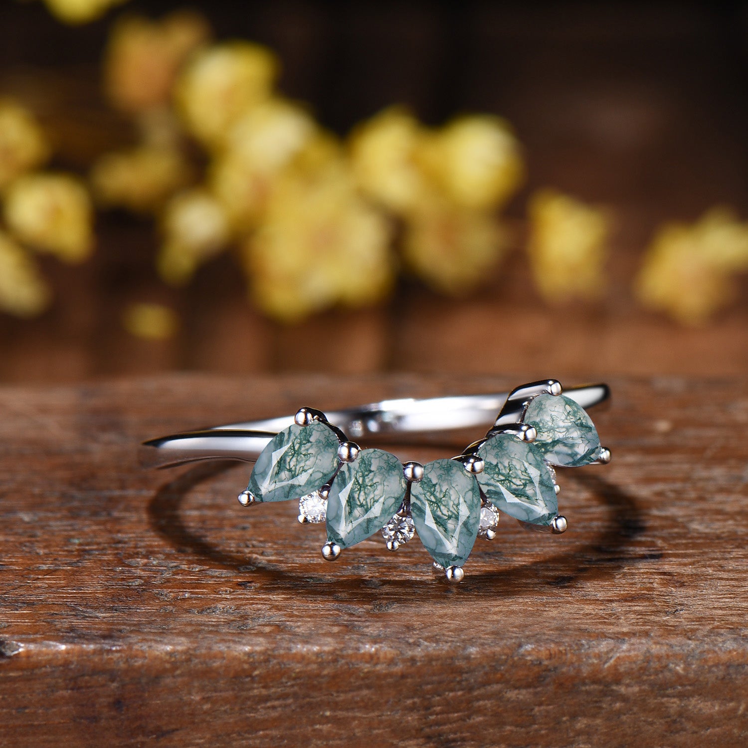 Vintage Moss Agate Wedding Band, Curved Stacking Ring, 14K Rose Gold, Pear Cut Moissanite