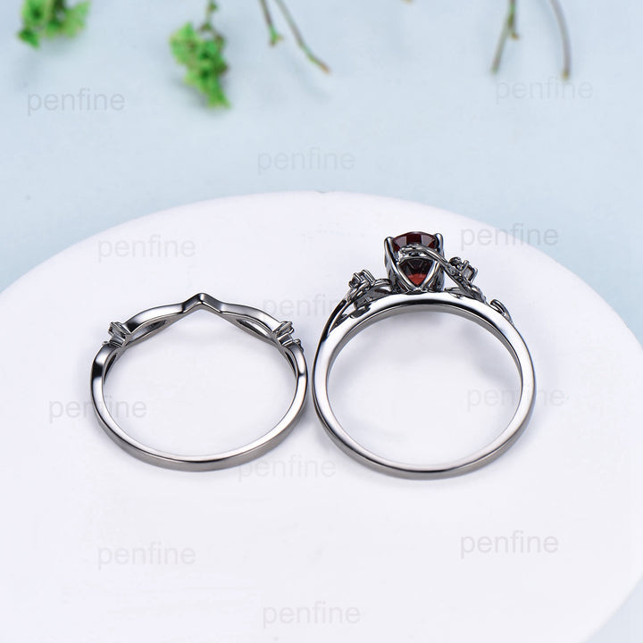 Nature Inspired Leaf ruby ring set black gold branch twig lab ruby engagement ring women unique July birthstone wedding ring set for women - PENFINE