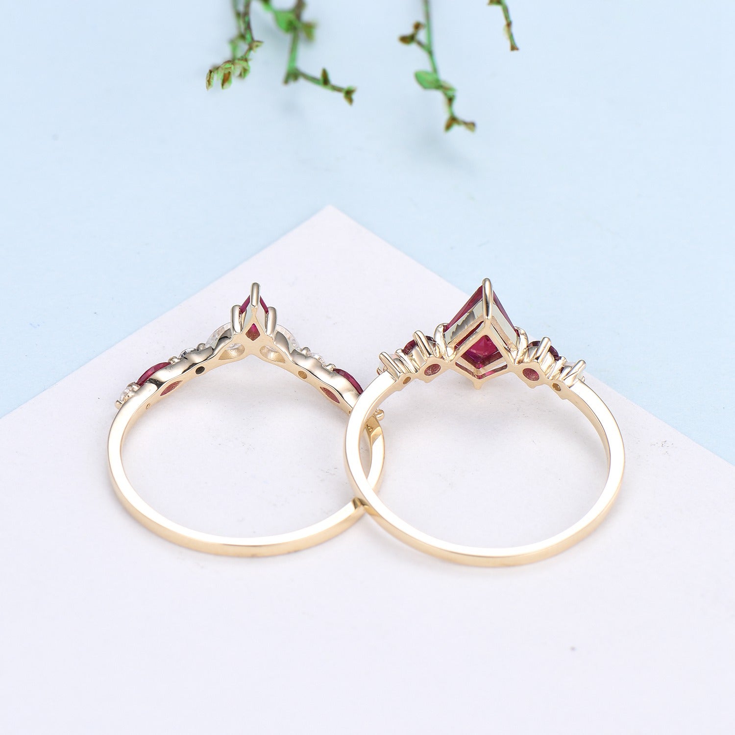 Vintage Kite Ruby Engagement Ring Set 1ct Ruby Bridal Wedding ring Set Art Deco Anniversary Gift Unique July Birthstone Bride Ring For Women - PENFINE