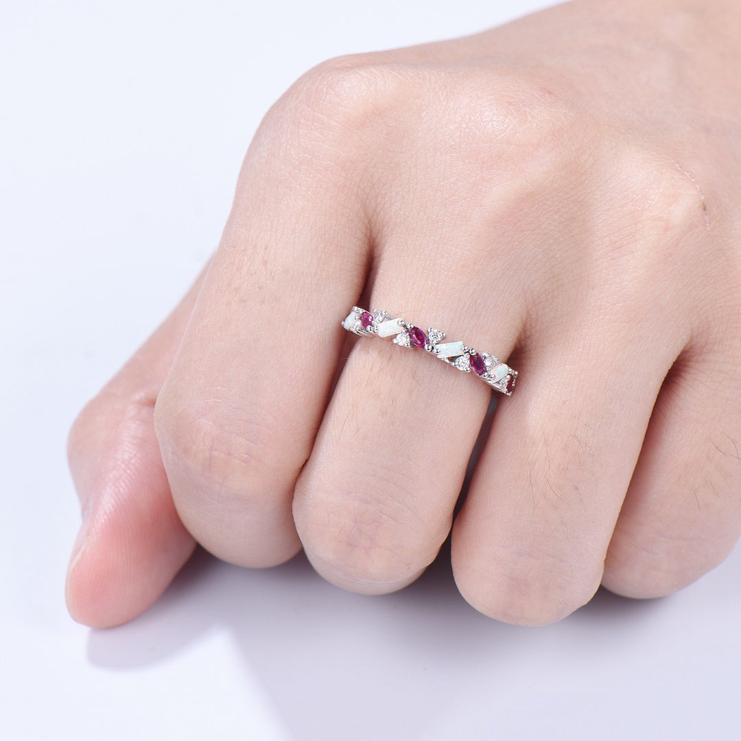 Vintage Fire Opal Ruby Eternity Wedding Band Women Unique Baguette White Opal Stackable Ring Marquise Ruby Matching Band Anniversary Gift - PENFINE