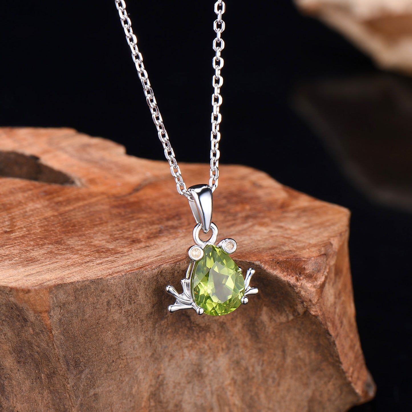 Handmade 14K Gold Peridot Frog Necklace, Citrine Accent Stones