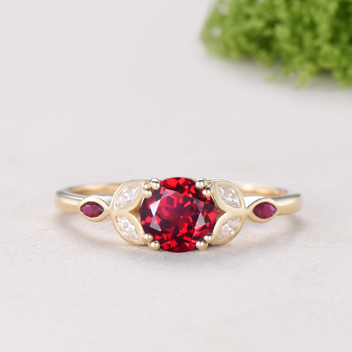 1CT Round Lab Ruby Engagement Ring Bezel Set Marquise Cut Enhancer Band Bridal Set