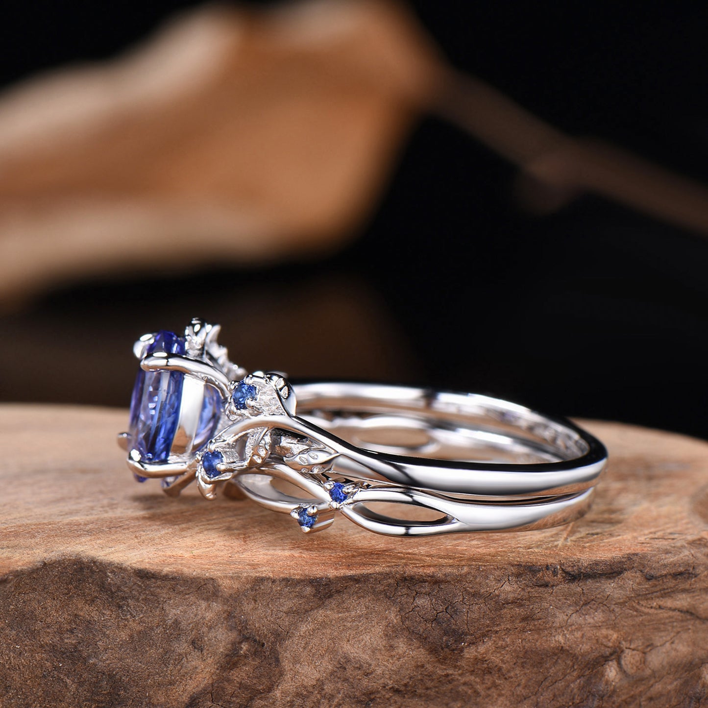 Natural Inspired Tanzanite Ring Set - Leaf Twig Sapphire Wedding Ring