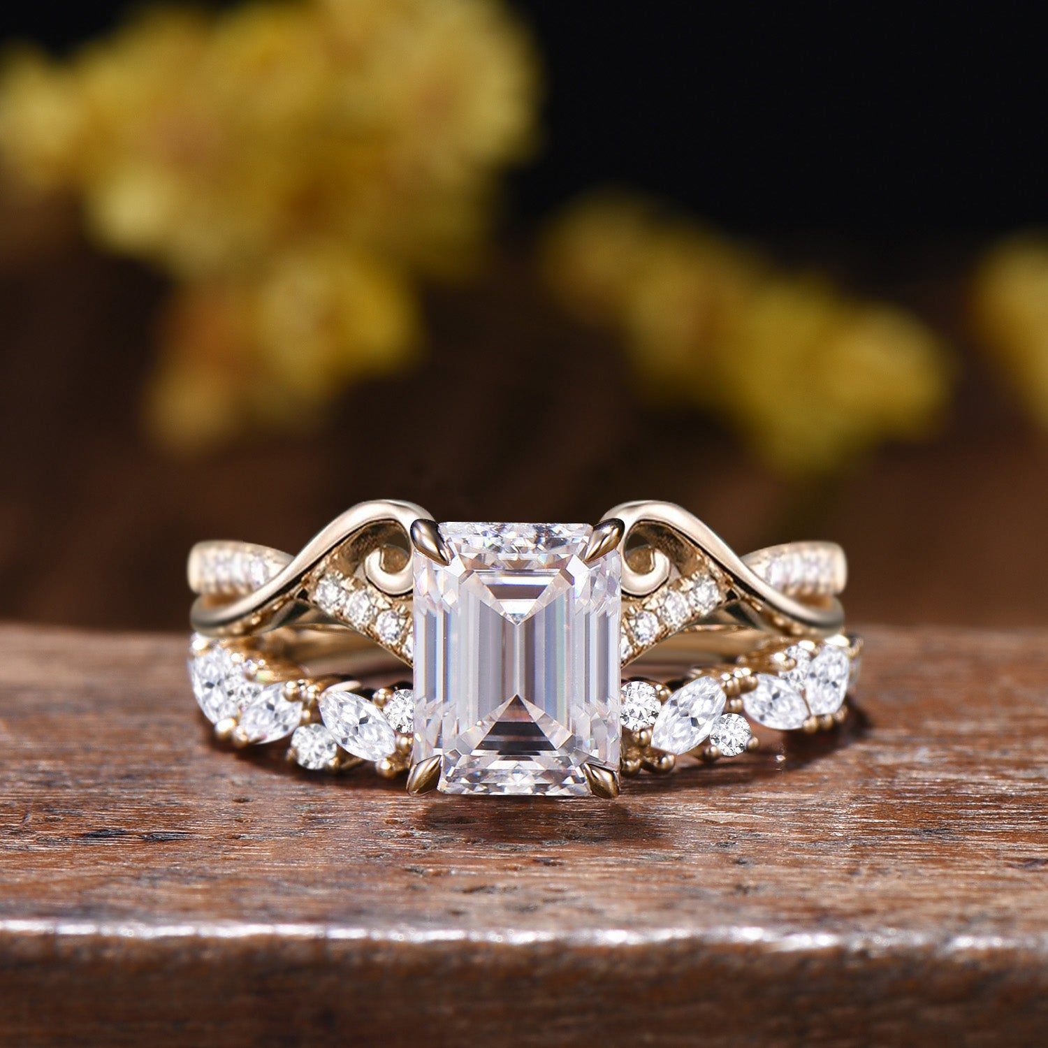 Emerald Cut Moissanite Wedding Ring Set, 14k Rose Gold Art Nouveau Bridal Band