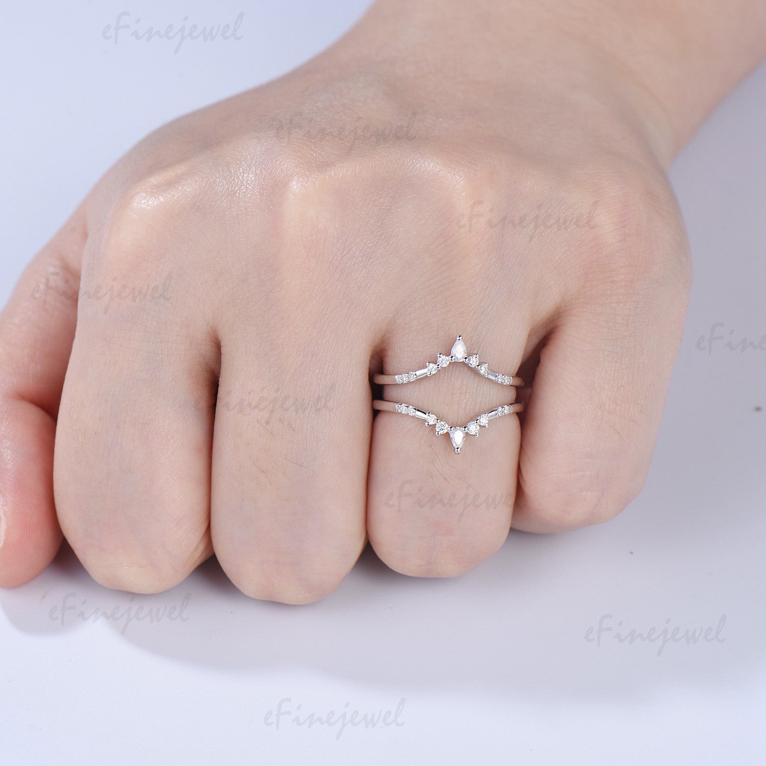 Double Curved Diamond Wedding Band Enhancer, Marquise & Round Moissanite Alternative Ring Guard for Women - PENFINE