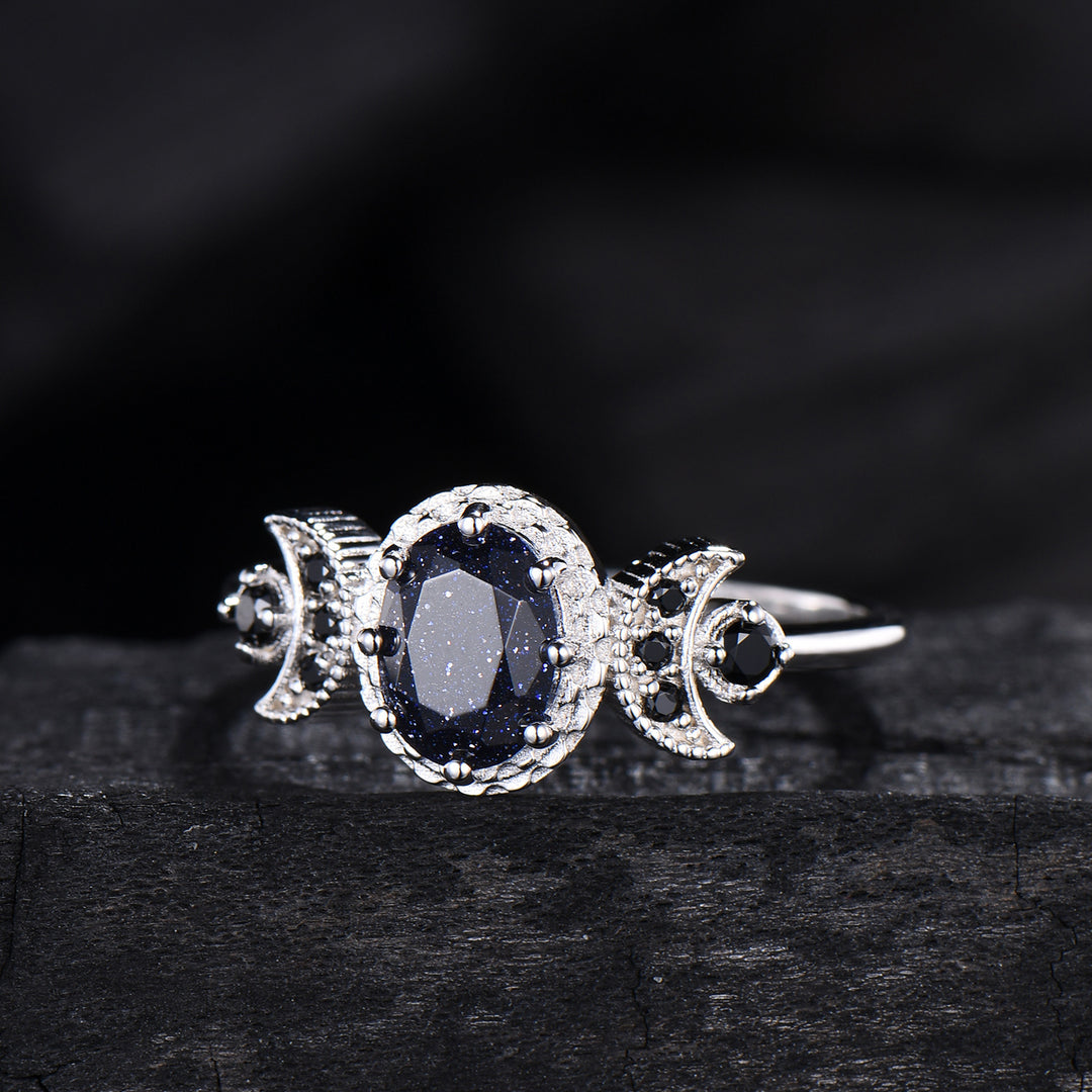 Oval Blue Sandstone Engagement Ring, Celestial Crescent Moon Ring, Gothic Promise Ring, Triple Goddess Witchy Jewelry, Anniversary Gift