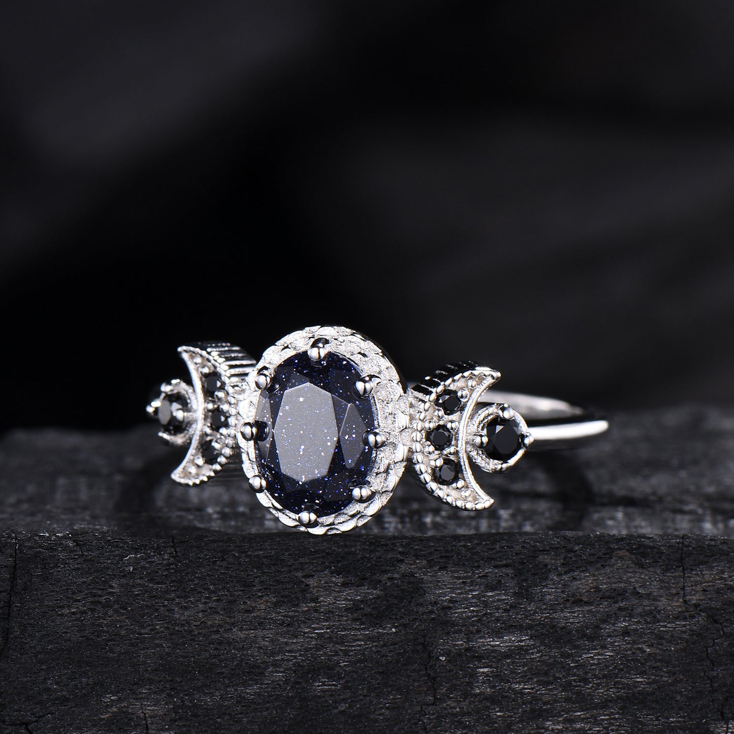 Oval Blue Sandstone Engagement Ring, Celestial Crescent Moon Ring, Gothic Promise Ring, Triple Goddess Witchy Jewelry, Anniversary Gift
