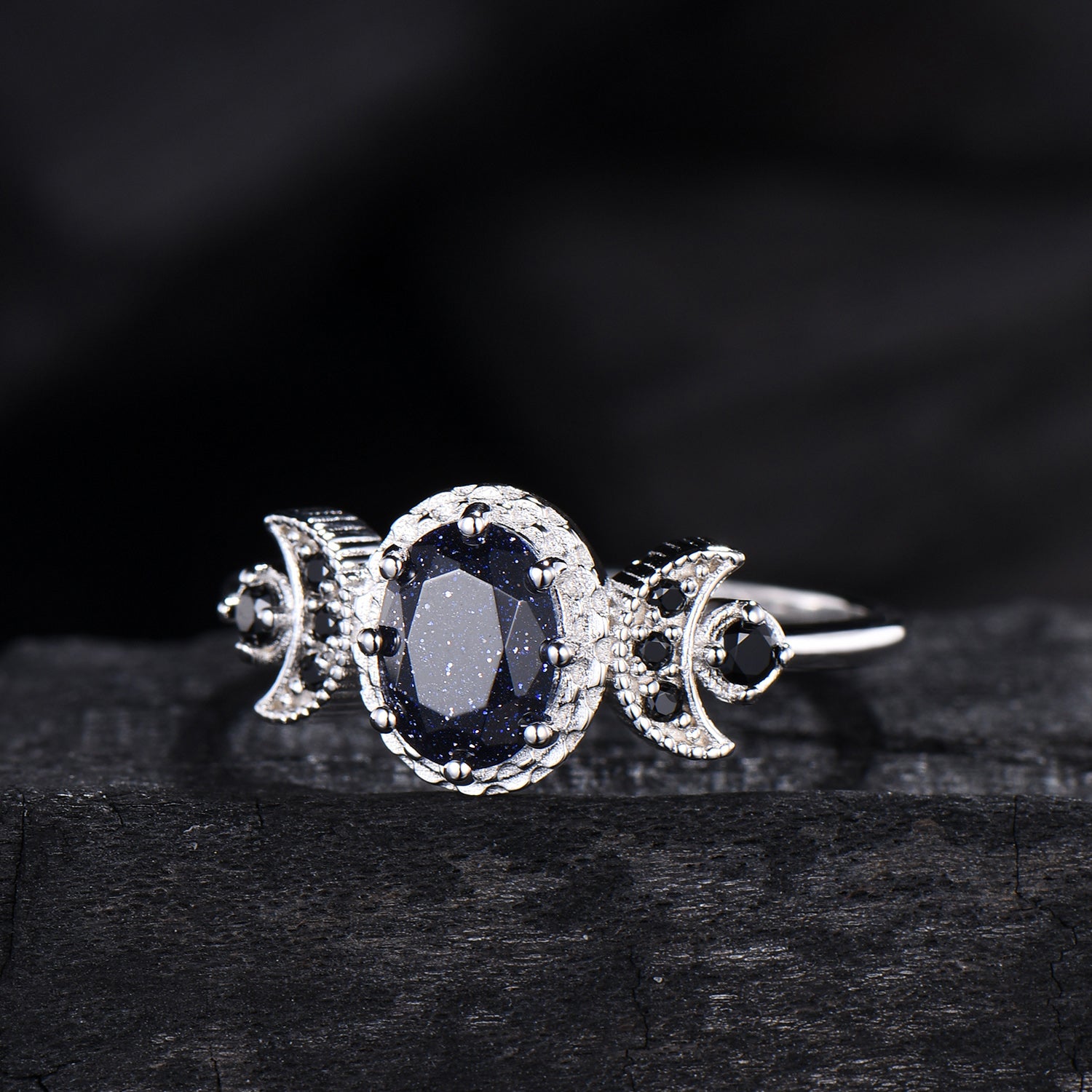 Oval Blue Sandstone Engagement Ring, Celestial Crescent Moon Ring, Gothic Promise Ring, Triple Goddess Witchy Jewelry, Anniversary Gift