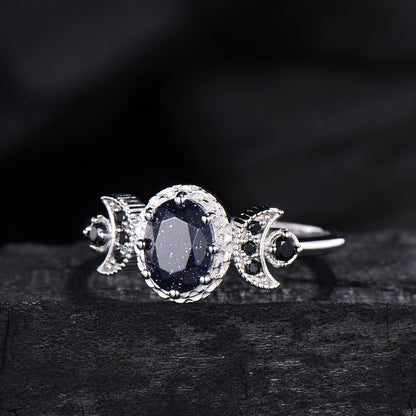 Oval Blue Sandstone Engagement Ring, Celestial Crescent Moon Ring, Gothic Promise Ring, Triple Goddess Witchy Jewelry, Anniversary Gift