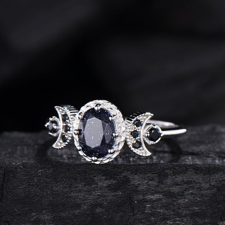 Oval Blue Sandstone Engagement Ring, Celestial Crescent Moon Ring, Gothic Promise Ring, Triple Goddess Witchy Jewelry, Anniversary Gift