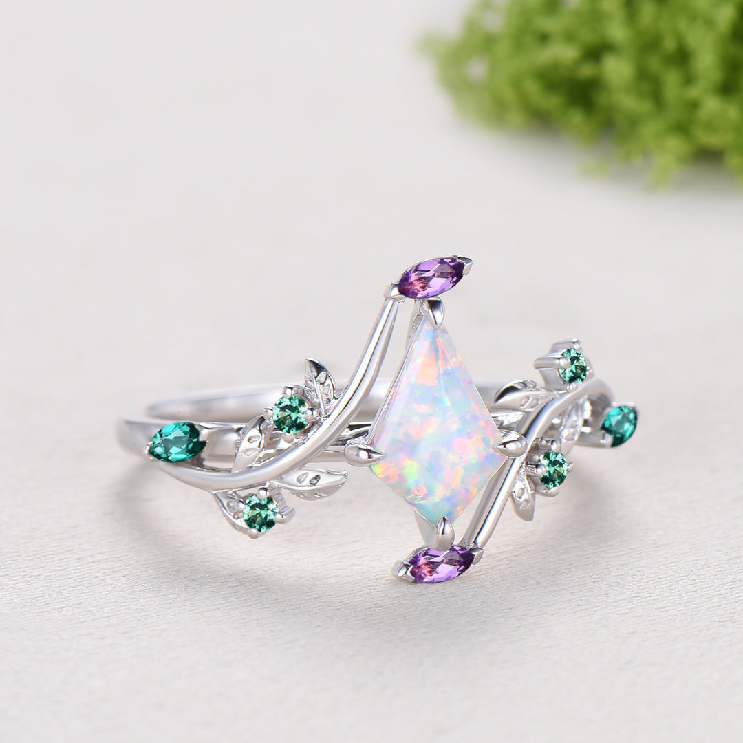 1CT Kite Cut White/Black/Blue Fire Opal Engagement Ring, Marquise Amethyst Emerald Leaf Vine Band