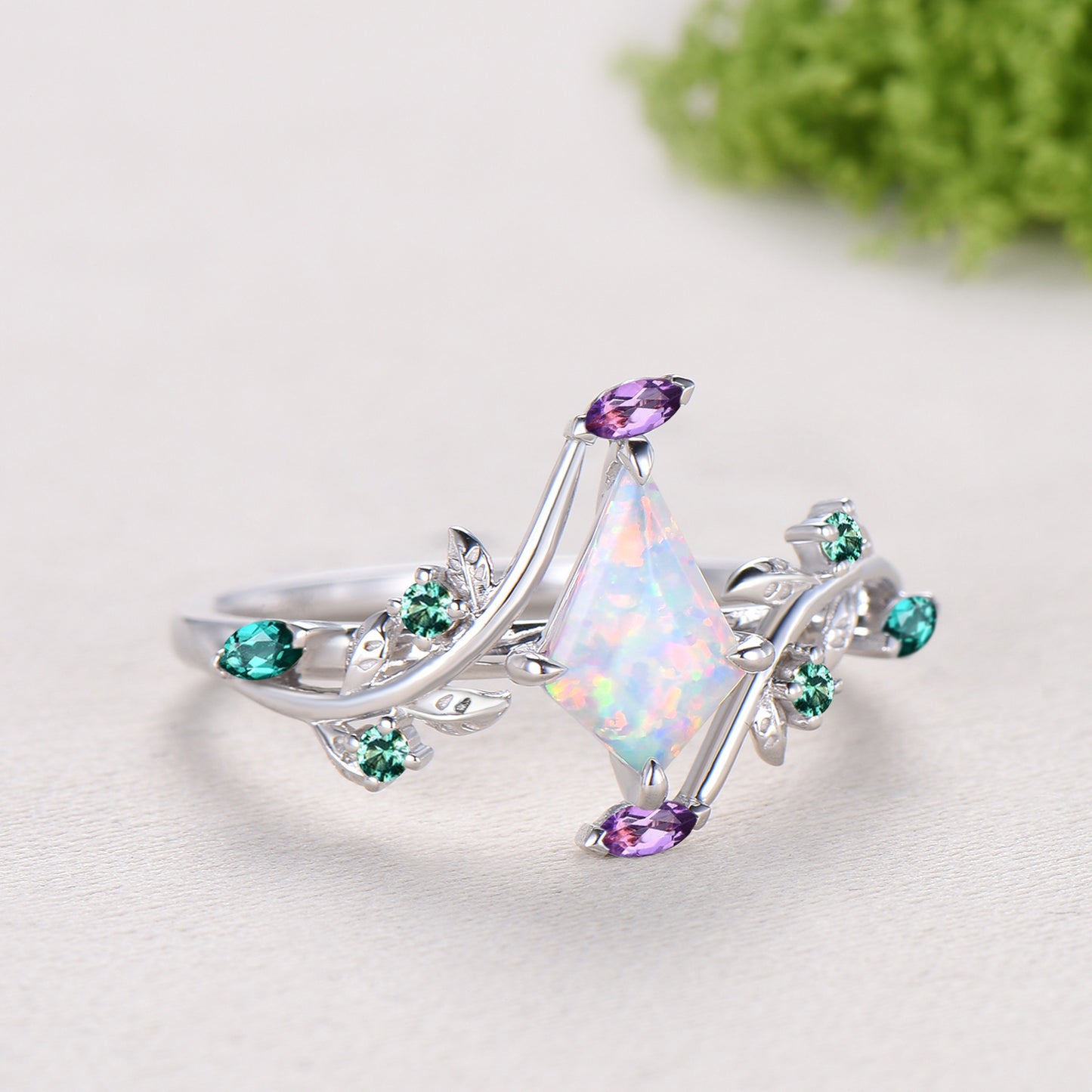 1CT Kite Cut White/Black/Blue Fire Opal Engagement Ring, Marquise Amethyst Emerald Leaf Vine Band