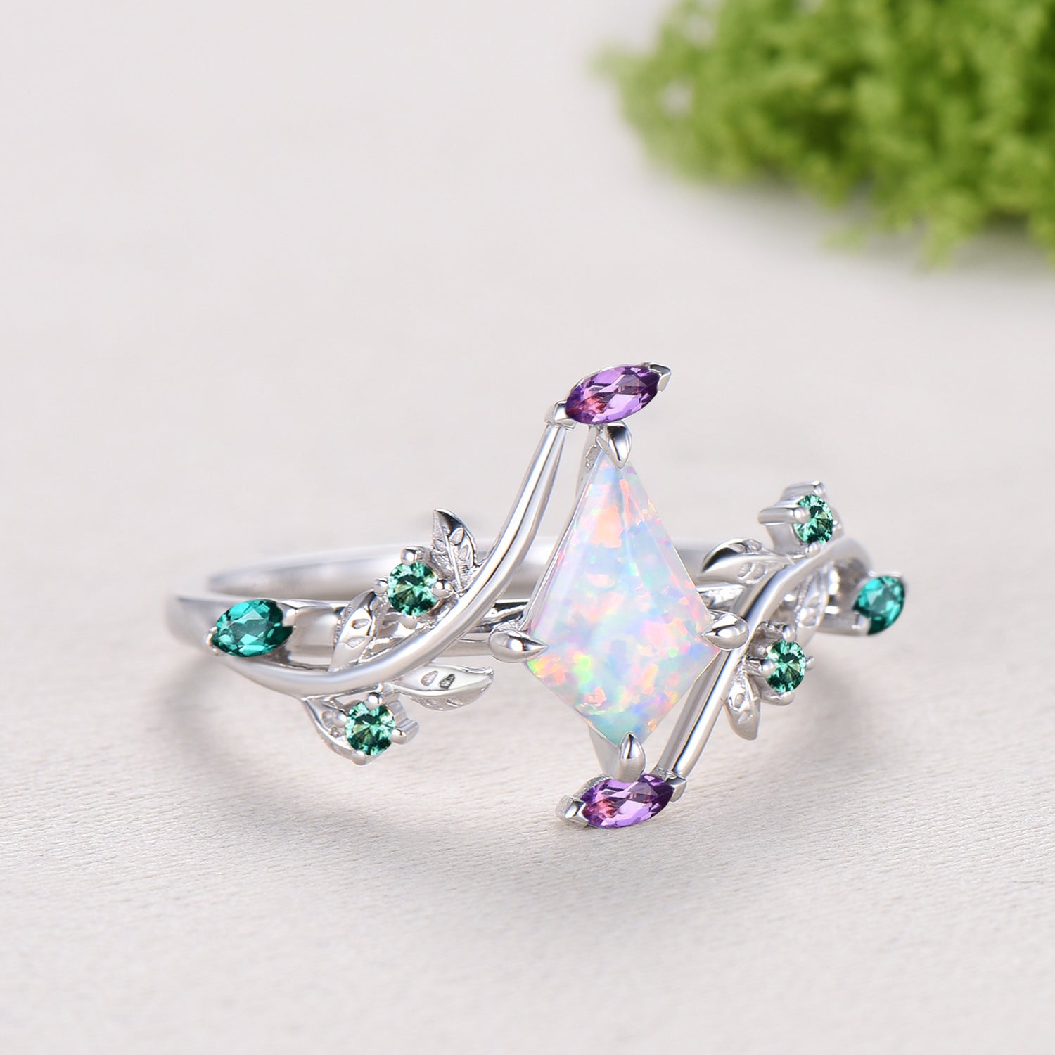 1CT Kite Cut White/Black/Blue Fire Opal Engagement Ring, Marquise Amethyst Emerald Leaf Vine Band