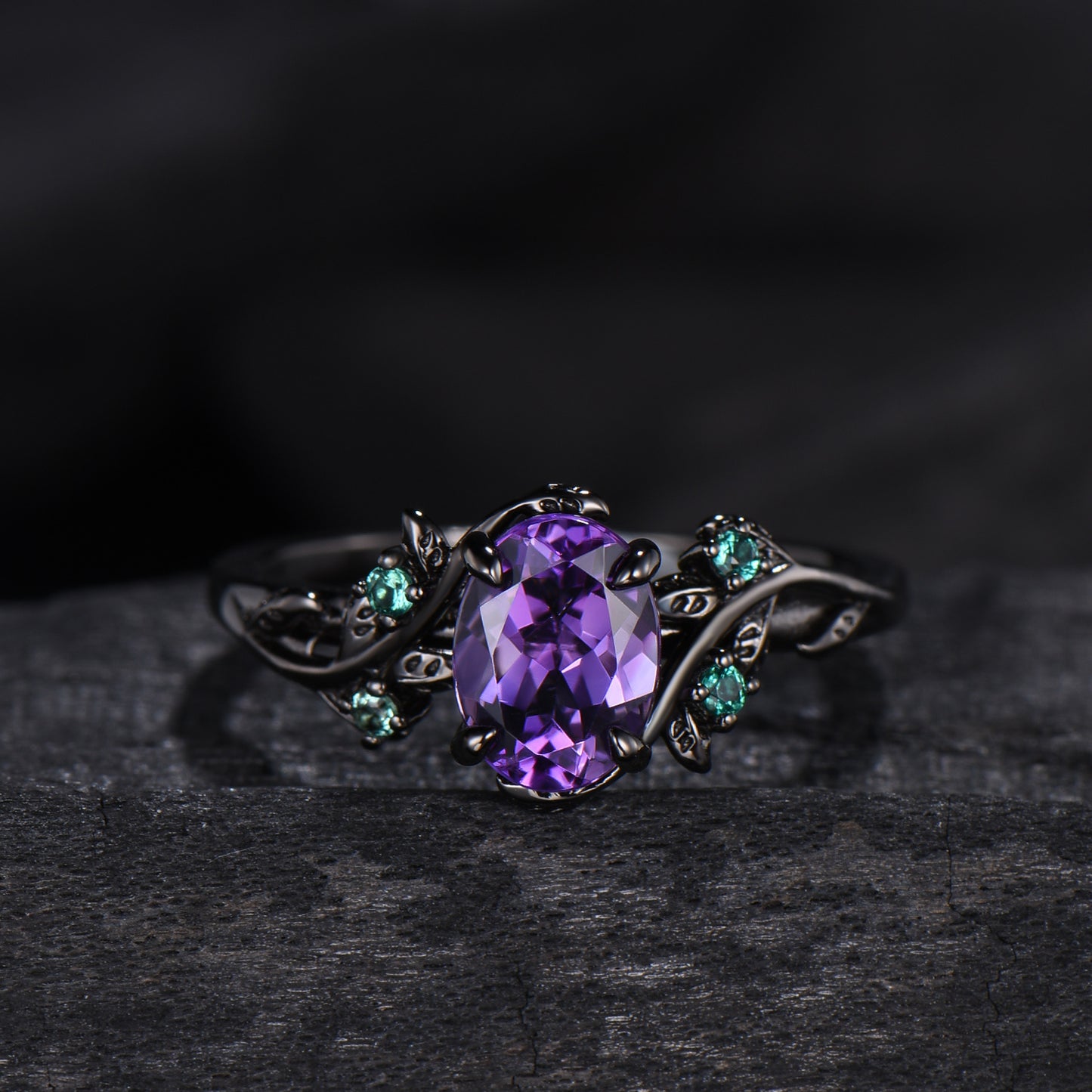 Unique black gold amethyst ring set Nature Inspired purple amethyst engagement ring vintage cluster emerald Leaf wedding ring set for women