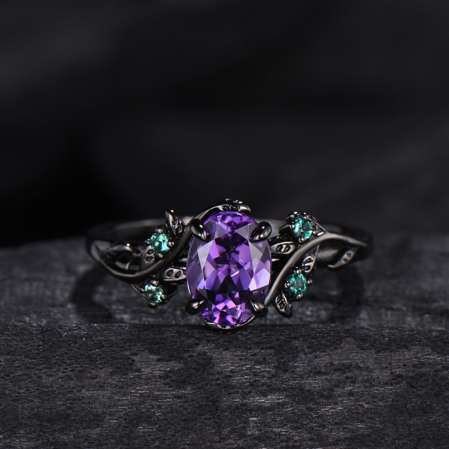 Unique black gold amethyst ring set Nature Inspired purple amethyst engagement ring vintage cluster emerald Leaf wedding ring set for women