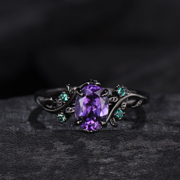 Unique black gold amethyst ring set Nature Inspired purple amethyst engagement ring vintage cluster emerald Leaf wedding ring set for women