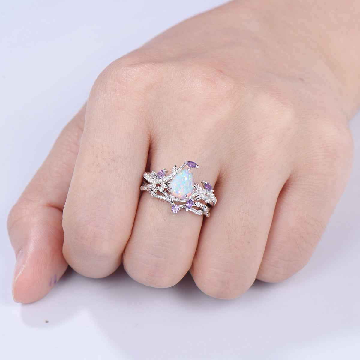 Vintage Pear Shaped White Fire Opal Engagement Ring Set Nature Inspired Snake Marqusie Opal Wedding Set 14K Rose Gold Amethyst Bridal Set - PENFINE