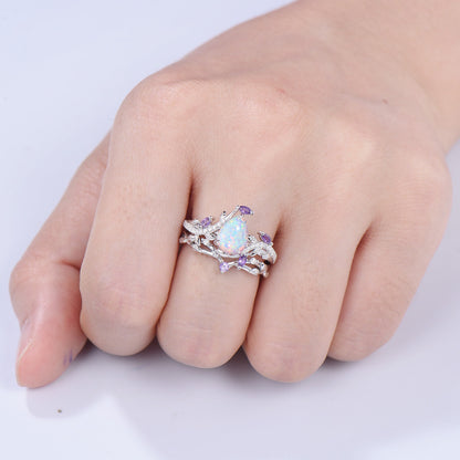 Vintage Pear Shaped White Fire Opal Engagement Ring Set Nature Inspired Snake Marqusie Opal Wedding Set 14K Rose Gold Amethyst Bridal Set - PENFINE
