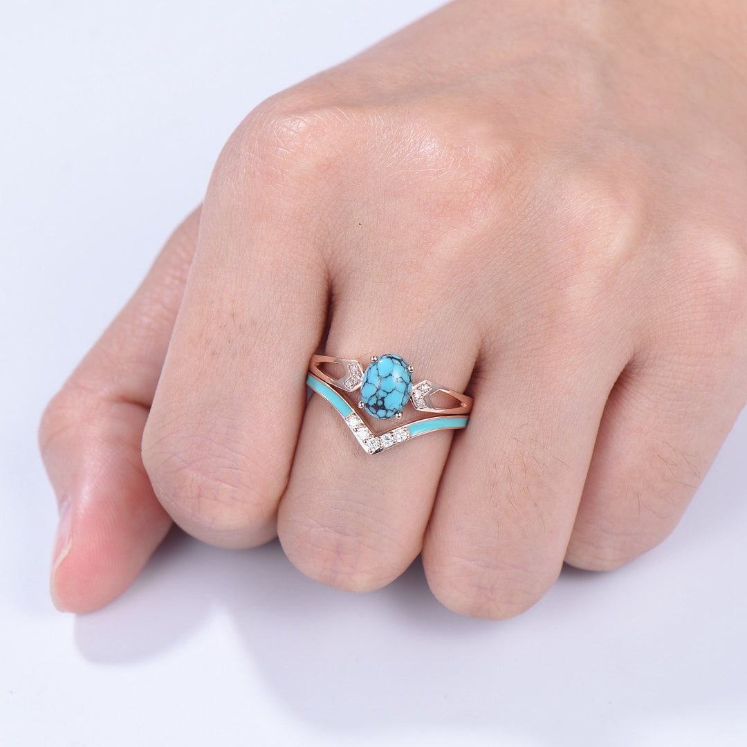 Unique Oval Turquoise engagement ring set 14k white gold vintage split shank engagement ring for women Blue Enamel Wedding Ring Antique Gift - PENFINE
