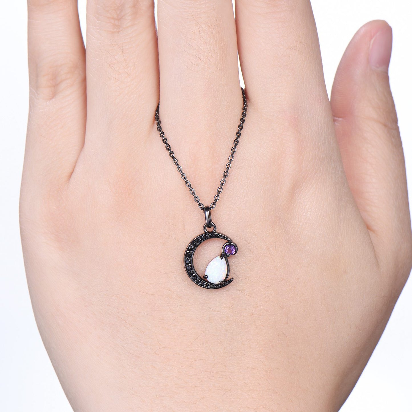 Magic Crescent Moon Black Gold Opal Amethyst Gothic Pendant Necklace Unique Pear Shaped Fire White Opal Black Spinel Necklace Halloween Girl - PENFINE