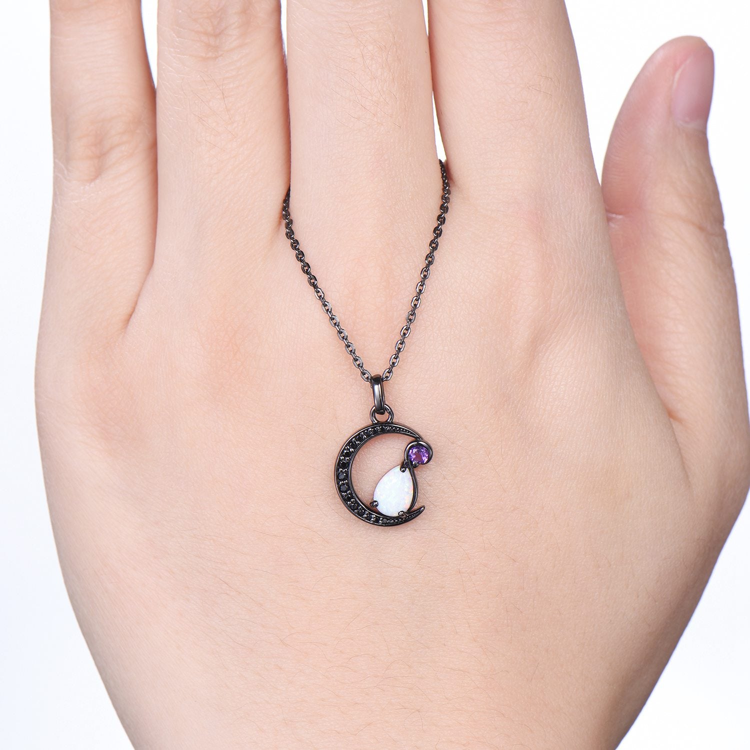 Magic Crescent Moon Black Gold Opal Amethyst Gothic Pendant Necklace Unique Pear Shaped Fire White Opal Black Spinel Necklace Halloween Girl - PENFINE