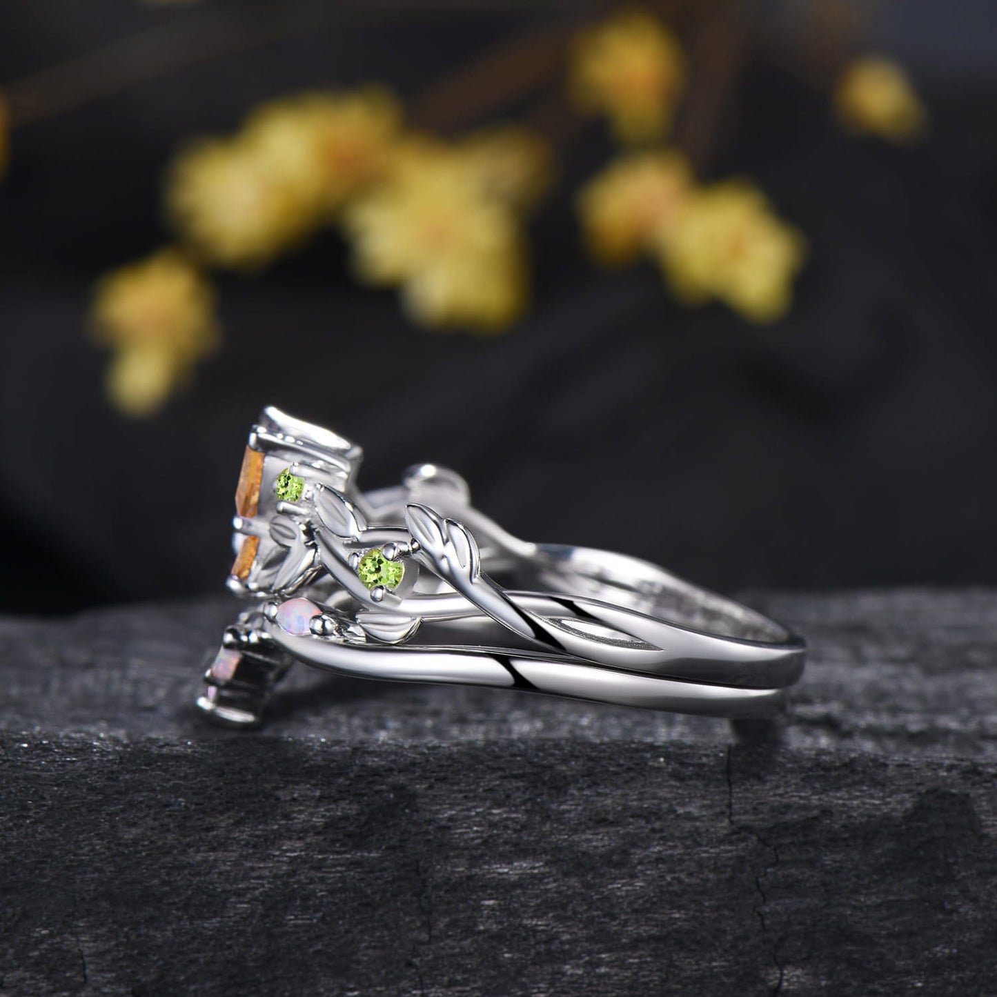 Natural Peridot And Citrine Butterfly Engagement Ring Opal Matching Band Inspired Ring Set