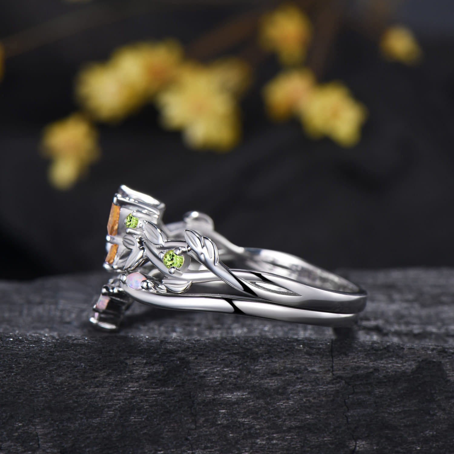 Natural Peridot And Citrine Butterfly Engagement Ring Opal Matching Band Inspired Ring Set
