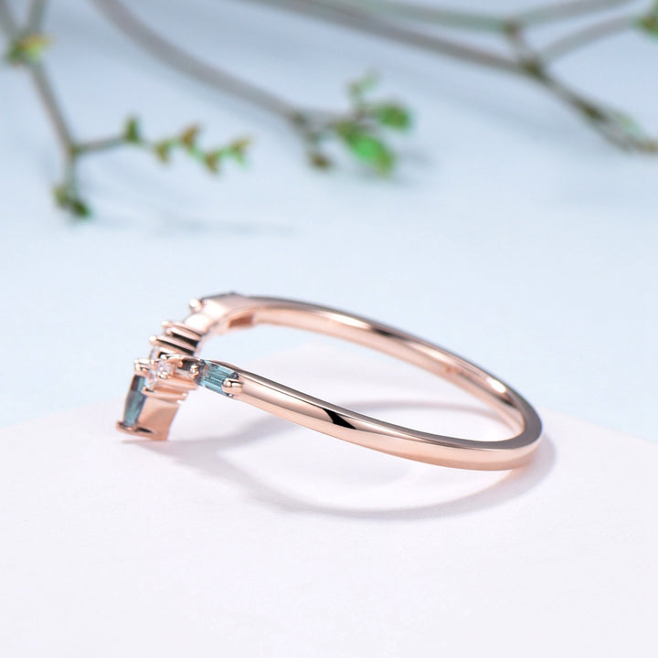 Curved Kite and Baguette Cut Alexandrite Wedding Band, Rose Gold Cluster Moissanite Ring - PENFINE