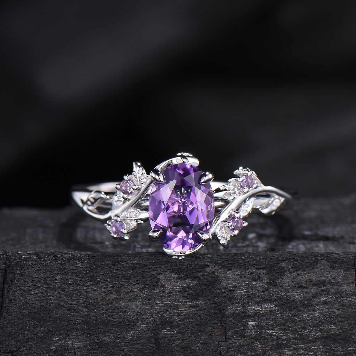 Nature Inspired amethyst ring set cluster rose gold purple amethyst engagement ring vintage unique Leaf crystal wedding ring set for women