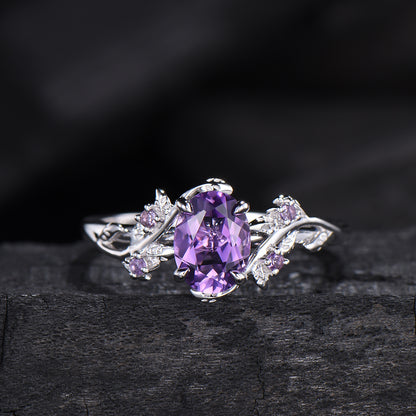 Nature Inspired amethyst ring set cluster rose gold purple amethyst engagement ring vintage unique Leaf crystal wedding ring set for women