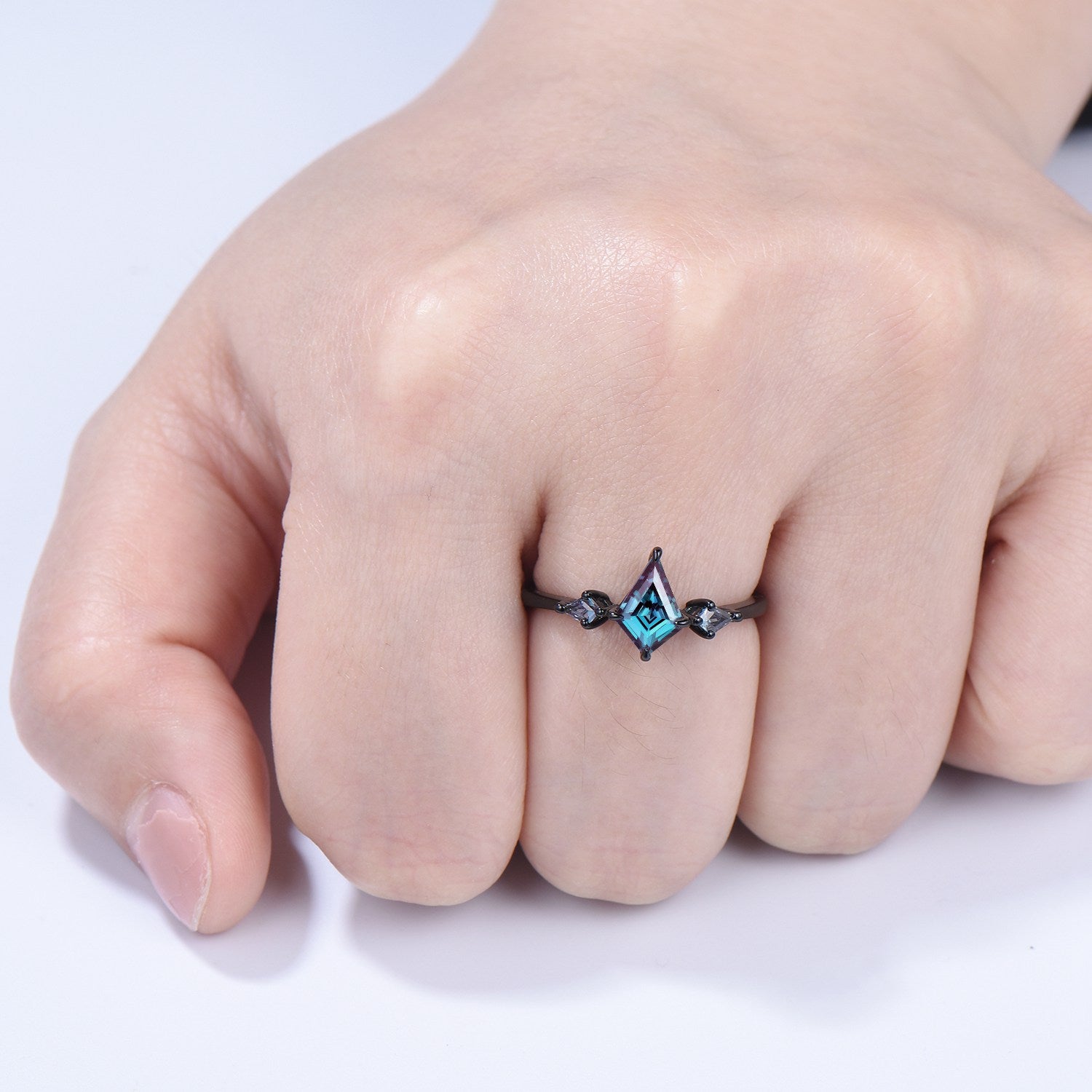 Dainty Black Gold Kite Cut Alexandrite Engagement Ring Minimalist Three Stone - PENFINE