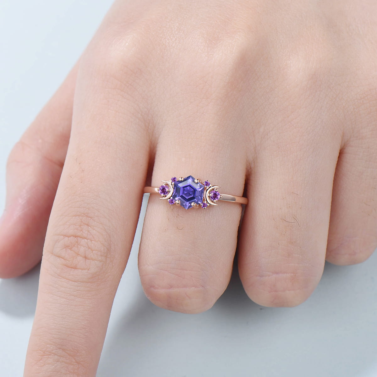Vintage Purple Sapphire Engagement Ring Unique Hexagon Amethyst Moon Wedding Ring Women February Birthstone Gift Purple Crystal Promise Ring - PENFINE