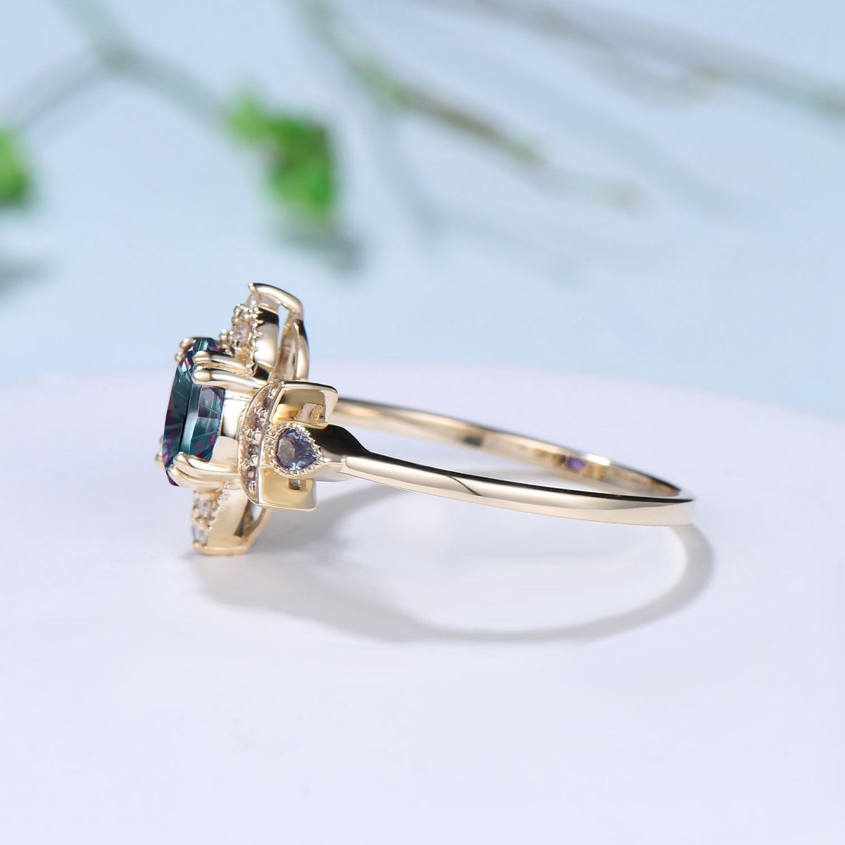Round Shaped Fantasy Cut Alexandrite Moon Engagement Ring Diamond Art Deco Ring