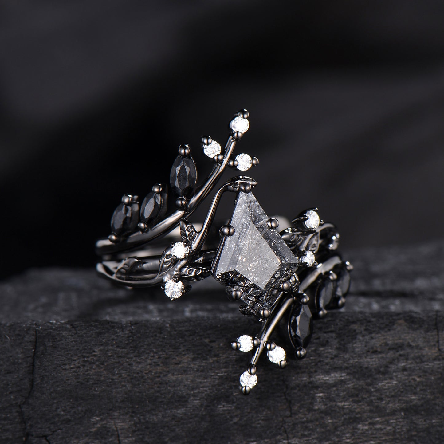 Unique gothic kite cut black rutilated quartz engagement ring set black gold cluster engagement ring leaf branch nature inspired wedding set