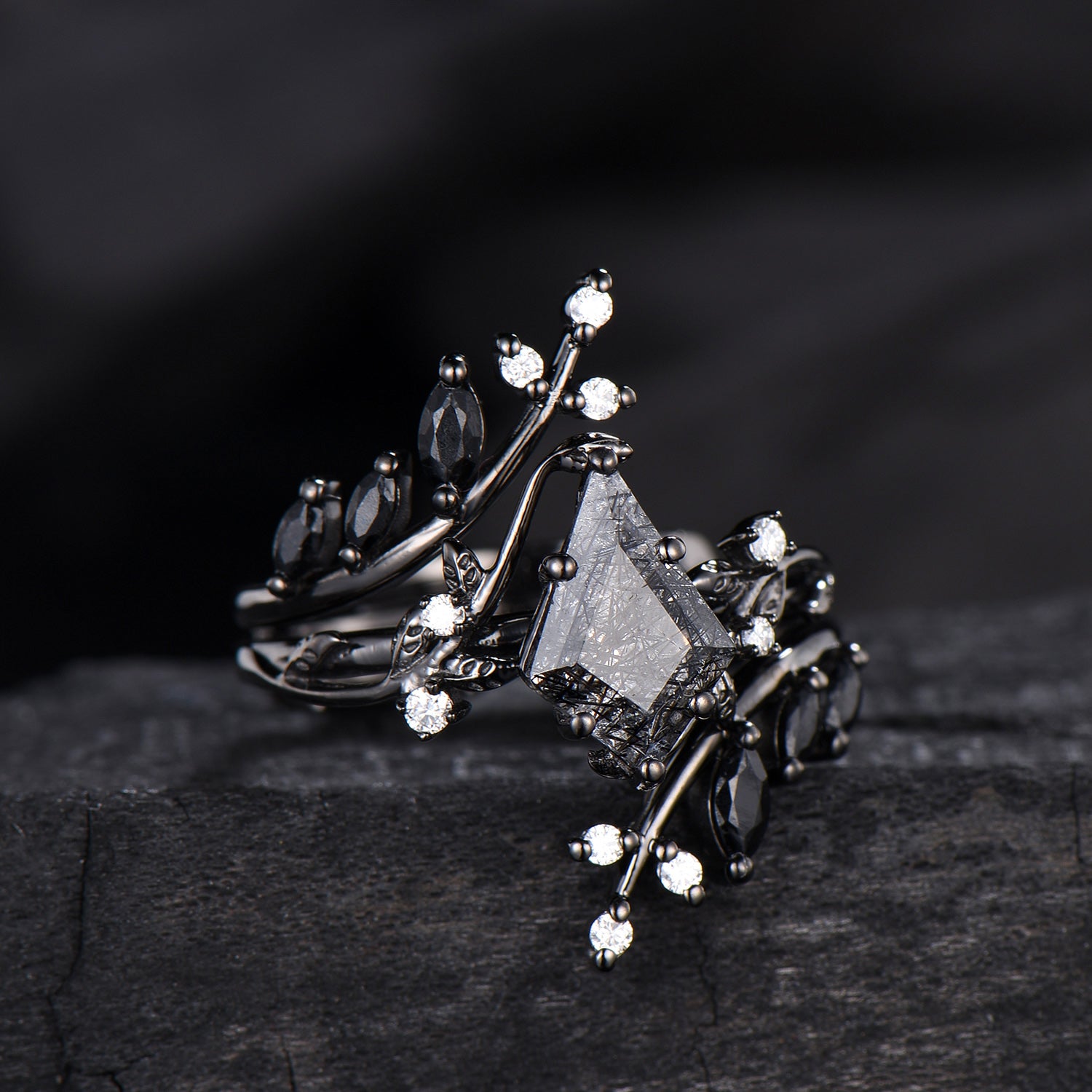 Unique gothic kite cut black rutilated quartz engagement ring set black gold cluster engagement ring leaf branch nature inspired wedding set