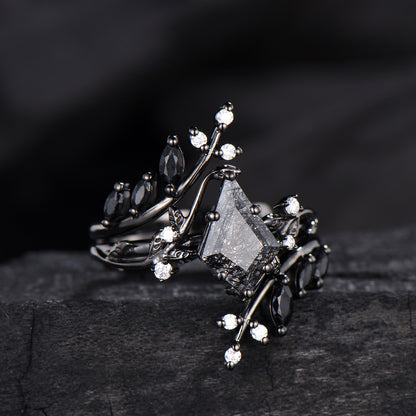 Unique gothic kite cut black rutilated quartz engagement ring set black gold cluster engagement ring leaf branch nature inspired wedding set